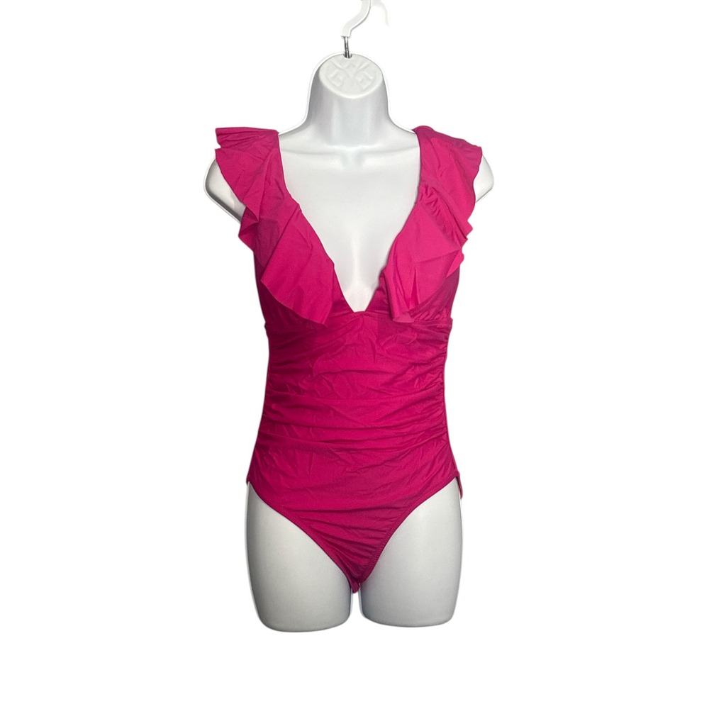 J. Crew Ruffle V-Neck One-Piece Swimsuit‎ Radiant Fuchsia Barbiecore Resortwear